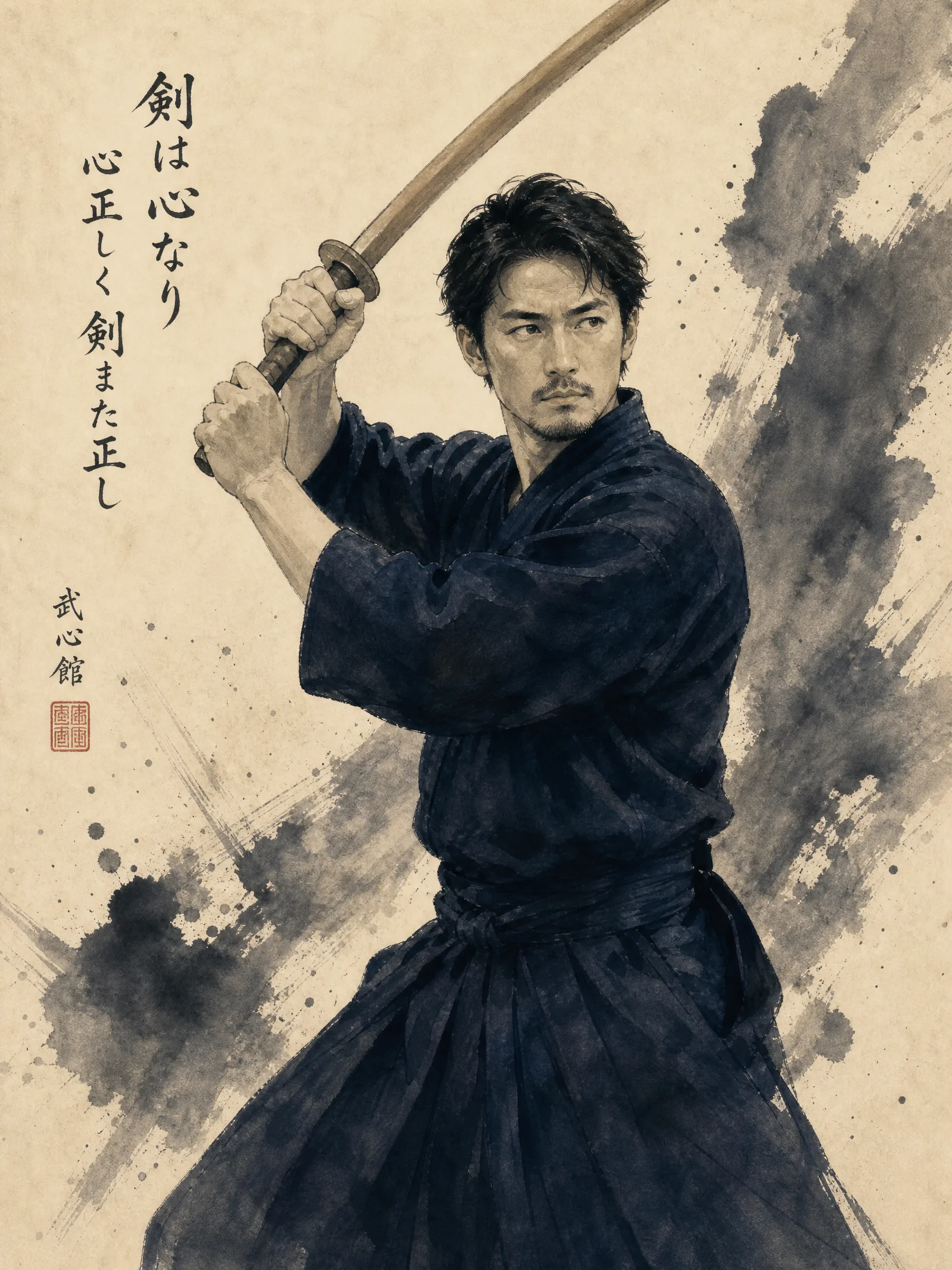青年‌剑道指导员水墨风肖像‍